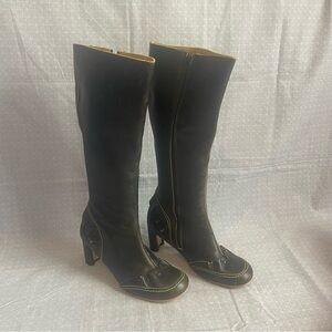 Fly London Black Ruffle Details Knee-High Boots Vintage